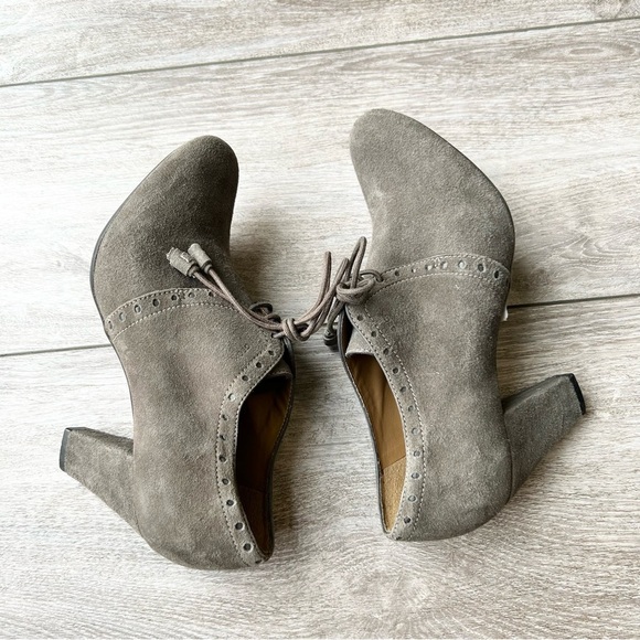 Geox Taupe Suede Leather Fringe Lace Up Western Heeled Bootie - Picture 7 of 13